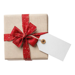 Christmas gift box present with blank tag, ribbon and pine branch on transparent background
