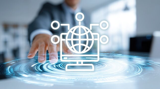 Business hand interacting with global computer interface. Tech concept for international connectivity, digital network, and global business. Modern corporate tool for worldwide communication