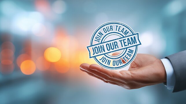 Hand holding "Join Our Team" stamp. Business recruitment concept for hiring, career opportunity, and team building. Professional corporate gesture to invite new members, employee onboarding