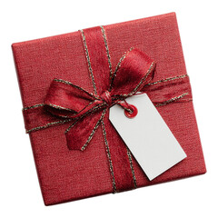 Christmas gift box present with blank tag, ribbon and pine branch on transparent background