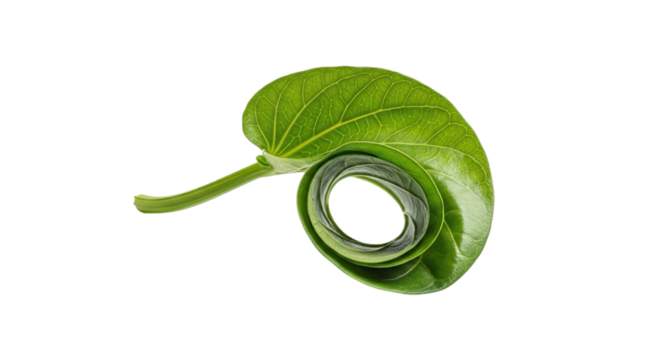 A vibrant green leaf, elegantly curled into a spiral shape, showcasing natures intricate patterns and growth, isolated on transparent background