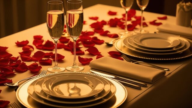 Elegant romantic dining setup with sparkling wine glasses and scattered rose petals for intimate - Powered by Adobe