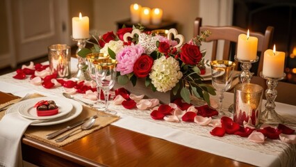 Elegant romantic dining table decorated with candles, rose petals and floral centerpiece for