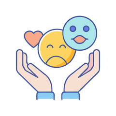 Hands holding a sad face with a loving heart and a happy mask