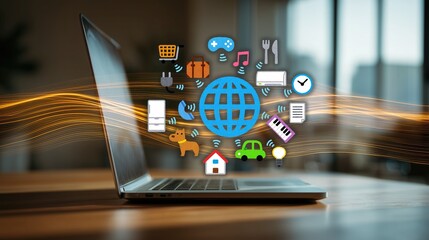 Laptop with global IoT icons interface. Concept for smart connectivity, digital lifestyle, and global IoT ecosystem. Modern tool for connected devices, online services