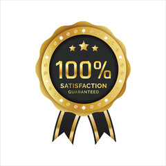 100% satisfaction guaranteed golden badge with black ribbons