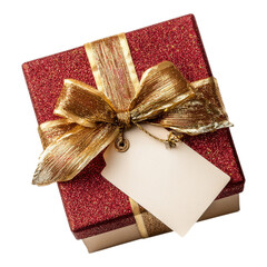 Christmas gift box present with blank tag, ribbon and pine branch on transparent background
