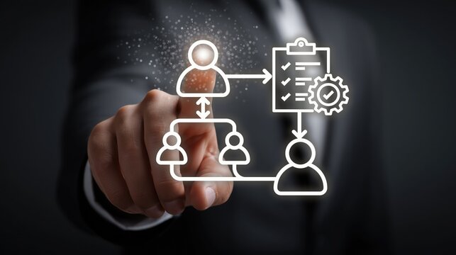 Business hand interacting with team workflow interface. Concept for organizational process, team management, and task coordination. Modern corporate tool for workforce structure, task completion