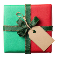 Christmas gift box present with blank tag, ribbon and pine branch on transparent background