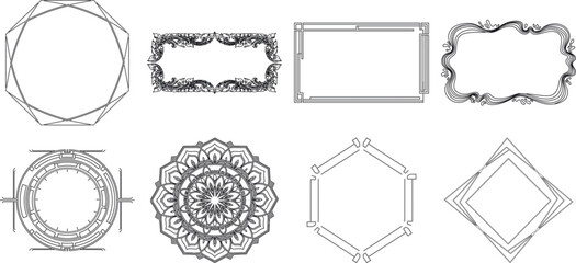 Set of decorative frames and borders in black and white isolated on transparent background