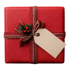 Christmas gift box present with blank tag, ribbon and pine branch on transparent background