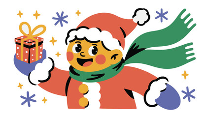 Winter's Gift: Joyful cartoon character embraces the holiday spirit, holding a festive gift box amid falling snowflakes and twinkling stars. A cheerful celebration of the season's magic.