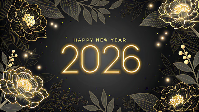 Elegant new year 2026 greeting card with glowing golden numbers and ornate floral border featuring peonies and twinkling lights on a dark textured background