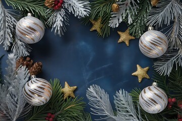 christmas background with christmas balls Merry Christmas and Happy Holidays greeting card, frame, banner. New Year. Noel. Red and white Christmas decorations and g top view. Winter xmas holiday celeb