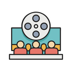 Cinema audience watching a film, stylized vector illustration with a reel, flat design