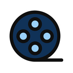 Stylized film reel icon with navy and light blue on black background