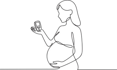 A pregnant woman holds a glucometer in her hand. Prevention and diagnosis of gestational diabetes. one line Icon drawing