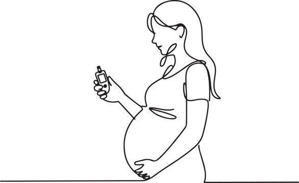 A pregnant woman holds a glucometer in her hand. Prevention and diagnosis of gestational diabetes. one line Icon drawing