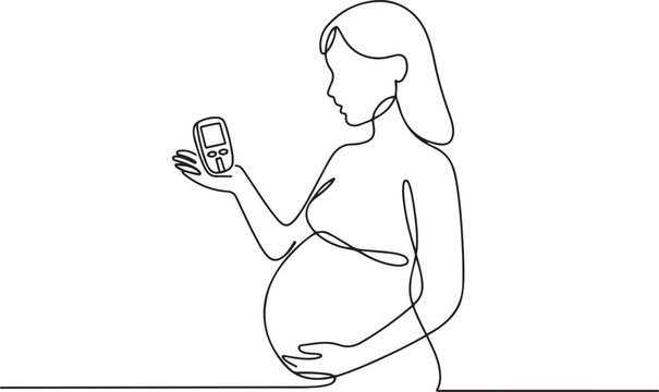 A pregnant woman holds a glucometer in her hand. Prevention and diagnosis of gestational diabetes. one line Icon drawing