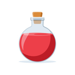 Glass Potion Bottle with Red Liquid and Cork Stopper, Cartoon Style Drawing