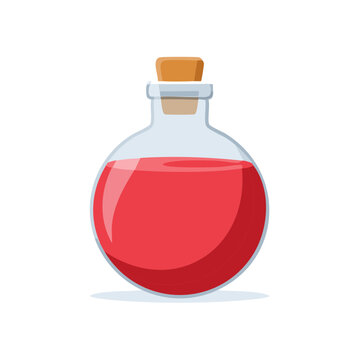 Glass Potion Bottle with Red Liquid and Cork Stopper, Cartoon Style Drawing