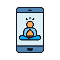 Meditation App Illustration: Serene Figure Meditating on Smartphone Screen, Mindfulness Concept