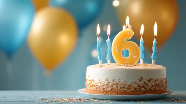 A delightful birthday cake decorated with a large yellow number six and five candles sits on a table. Blue and gold balloons enhance the festive atmosphere at a cheerful childrens party.