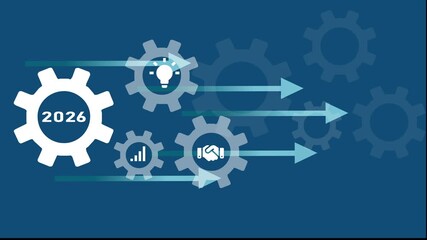 2026 Abstract Gears and Arrows on Blue Background