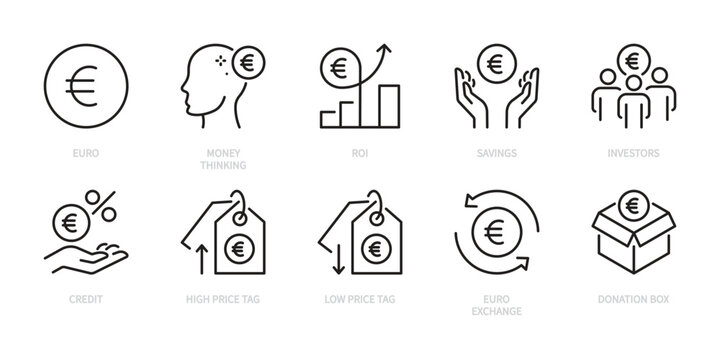 Euro icon set. Currency, money, finance, money thinking, roi, savings, investors, credit, hight, low, price tag, exchange, donation box, etc. Vector illustration. Isolated on a white background.