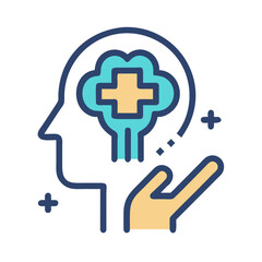Mental health support concept featuring brain with plus sign and supporting hand