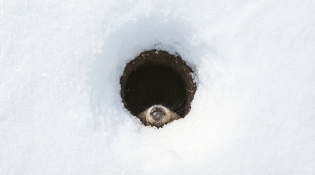 Close up view of seal nose and whiskers peeking out of round hole in white snow
