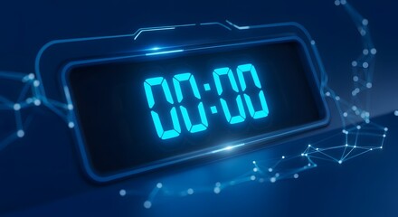 Digital clock displaying zero time with futuristic network background