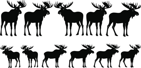 Moose Elk Silhouette Collection Set of Wild Animal Poses Antlers Design Flat Vector Illustration Wildlife Nature Print Sticker CAD Drawing Graphic.