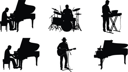 Musicians Silhouette Set Performing Live Music Concert Including Grand Piano Player Drummer Keyboardist Guitarist Singer Musical Instruments Vector Drawing