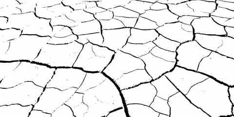 High-contrast cracked dry earth texture with bold black fractures on a white surface. Minimalist abstract background ideal for environmental themes, climate change concepts, and graphic design use.