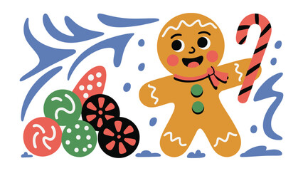 Joyful Gingerbread Delight: A cheerful gingerbread man holding a candy cane, surrounded by festive candy and whimsical winter elements. A joyful and delightful image to evoke the Christmas atmosphere.
