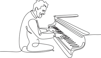 A continuous line drawing of a man enthusiastically playing the piano, immersing himself in the melody. His hands glide smoothly over the keys. one line Icon drawing © firoz