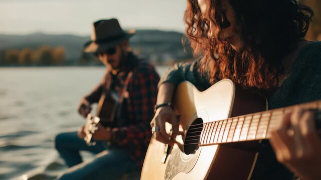 A close up of hands strumming a guitar with another musician in the background, both immersed in music by the water. The scene radiates creativity, friendship, and peaceful outdoor vibes