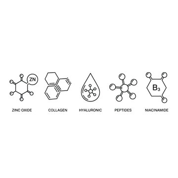 Set of cosmetic ingredient icons vector line art symbols for skincare product labels isolated on whi