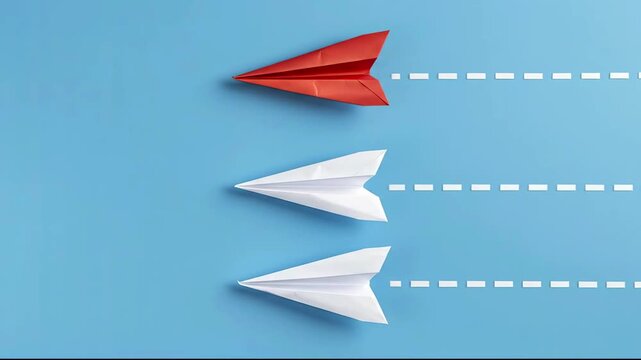 A red paper airplane leads two white paper airplanes against a blue background each with a dashed white flight path