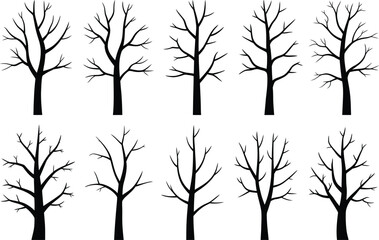 Bare tree silhouettes collection isolated on white background