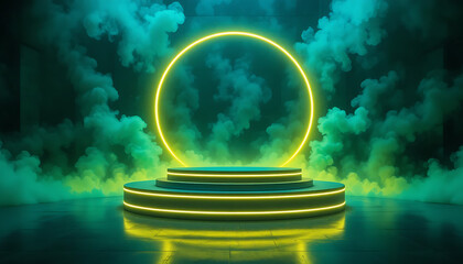 Futuristic neon podium with glowing ring and green smoke