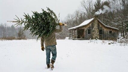 A person carries a Christmas tree through a snowy field toward a cozy cabin in the winter.