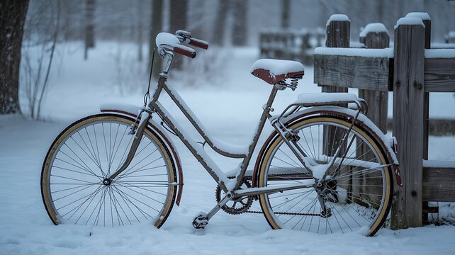 A vintage bicycle covered in snow stands next to a wooden fence in a snowy winter landscape scene - Powered by Adobe