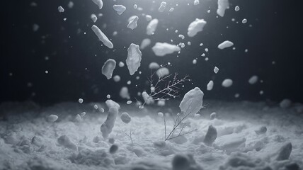 Snow falling around bare branches in a dark and snowy landscape in monochrome photography style