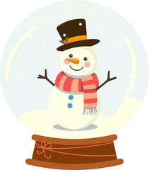 A cute cartoon Santa Claus stands inside a glowing snow globe with falling snowflakes and a wooden base tied with a ribbon.