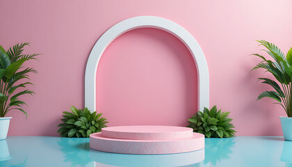 Minimalist pink archway with plant accents and product display podium