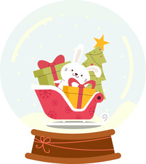 A cute white bunny sits in a festive sleigh filled with presents and a Christmas tree inside a snowy glass globe.