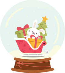A cute white bunny sits in a festive sleigh filled with presents and a Christmas tree inside a snowy glass globe.