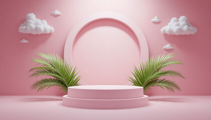 Soft pink stage with arch and tropical plants for product display